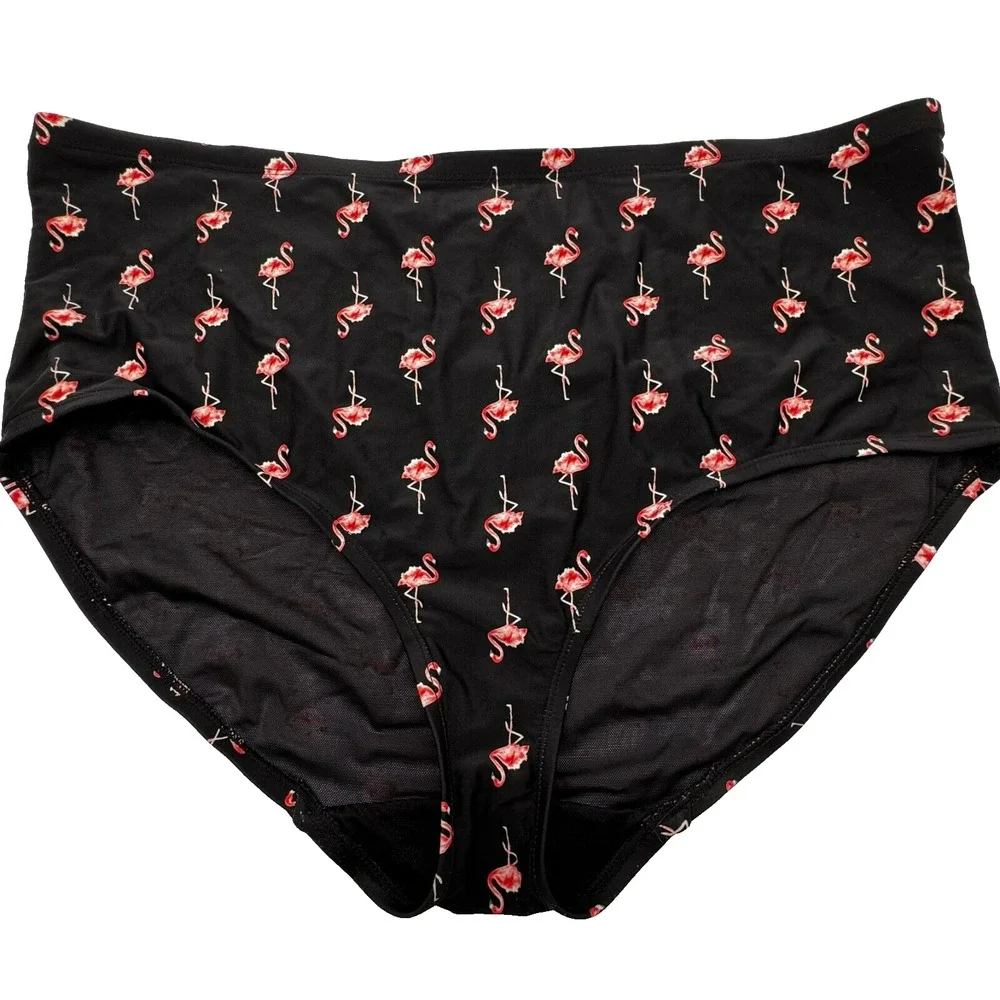 CACIQUE Women's Size 20 Black Pink Flamingo‎ Print Swim Briefs High Rise Bottoms